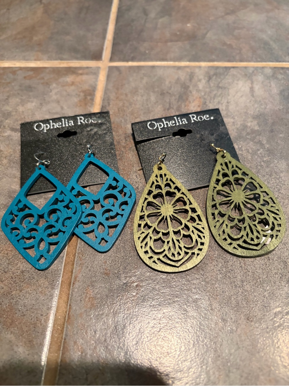 NWT Teal and Olive Filigree Drop Earrings - Two Pair Set - boho vibes